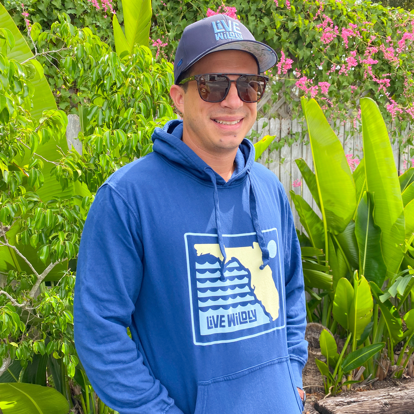 Live Wildly Florida Unisex Hoodie – Navy - Hands In Pockets -Pockets Live Wildly
