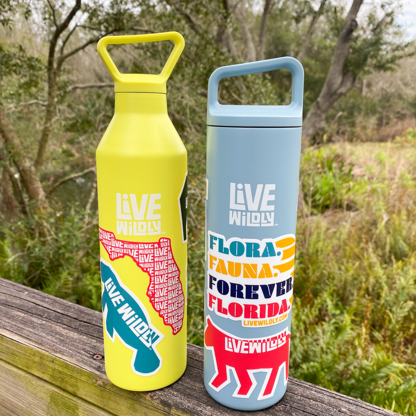 Live Wildly Florida Shape Sticker - Red - On Yellow Water Bottle - Live Wildly