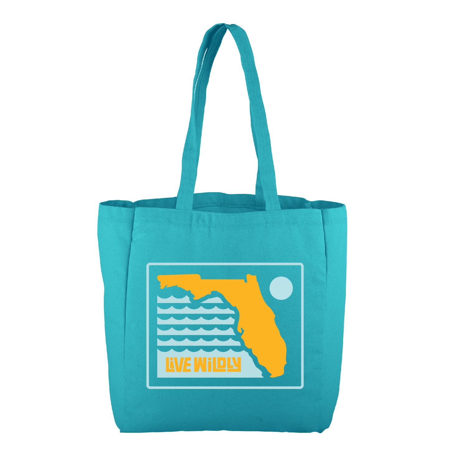 Live Wildly Florida Reusable Tote Bag – Pool Blue Canvas - Aqua - Florida Side - Live Wildly