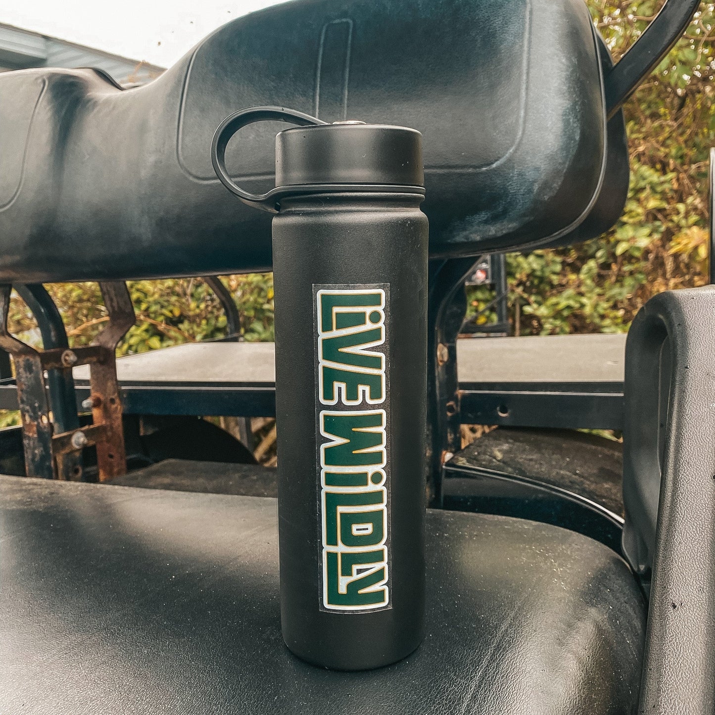 Live Wildly Clear Stickers - On Black Water Bottle - Live Wildly