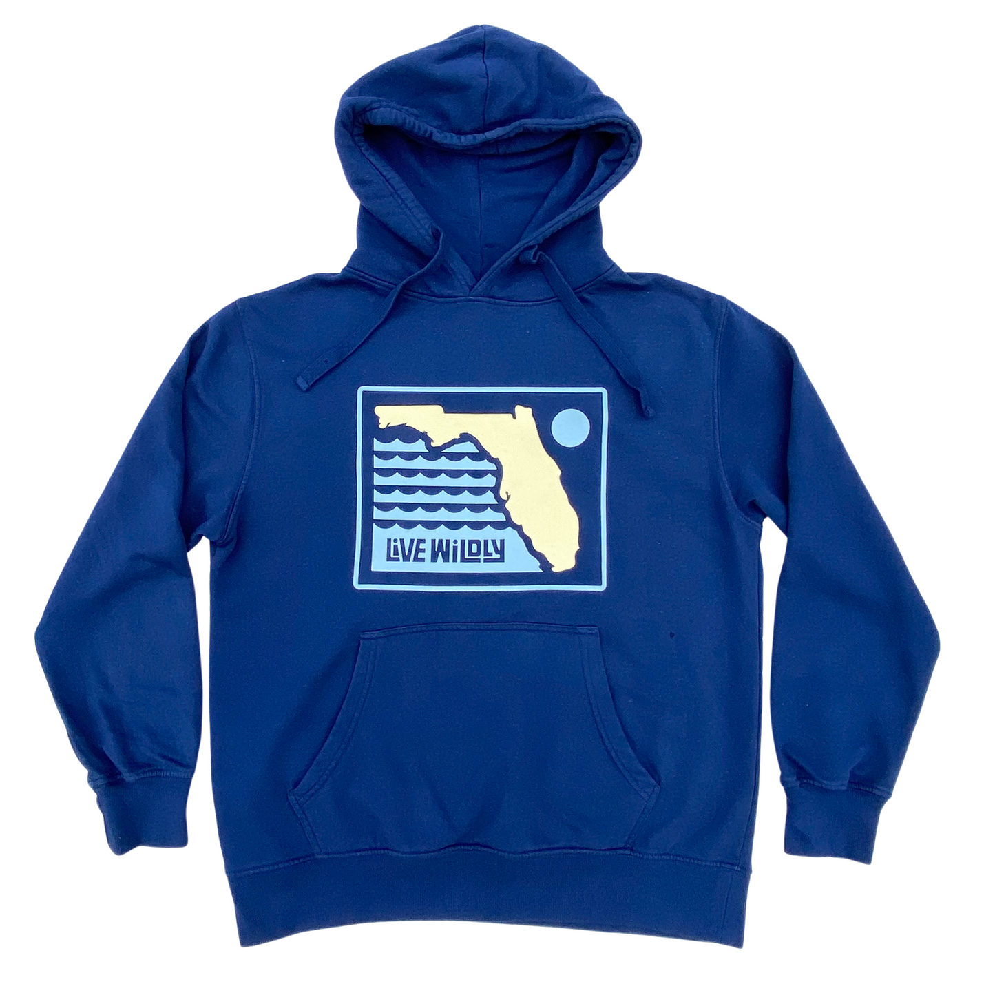 Live Wildly Florida Unisex Hoodie – Navy - Front - Laid Out - Live Wildly 