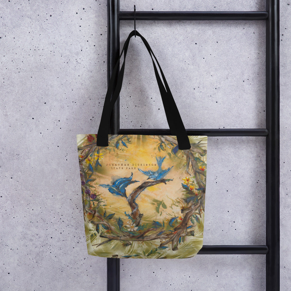Load image into Gallery viewer, Blue bird hanging - Jonathan Dickinson Tote Bag by Deborah Mitchell
