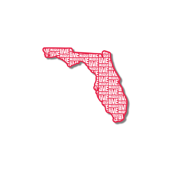 Load image into Gallery viewer, Live Wildly Florida Shape Sticker - Red - White Text - Live Wildly 
