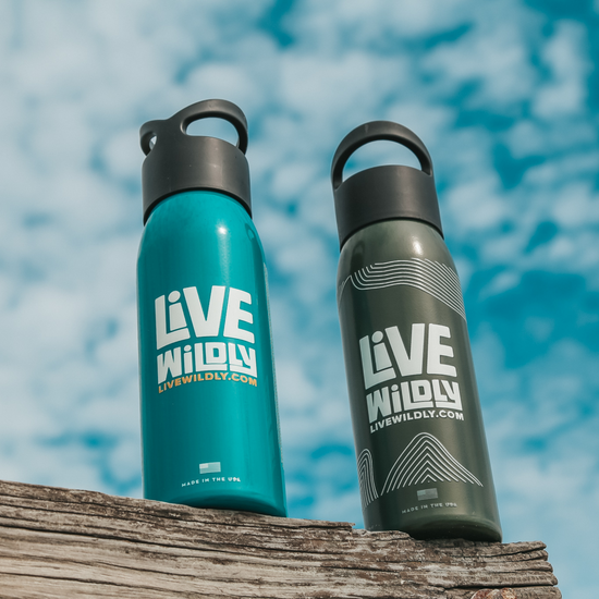 Load image into Gallery viewer, Live Wildly Recycled Water Bottle - Army Green And Aqua - Blue Sky Behind -Live Wildly 
