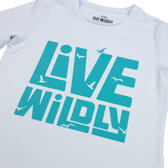 Live Wildly Youth UPF 50+ Performance Shirt - Spring Blue - Zoomed Front -  Live Wildly 