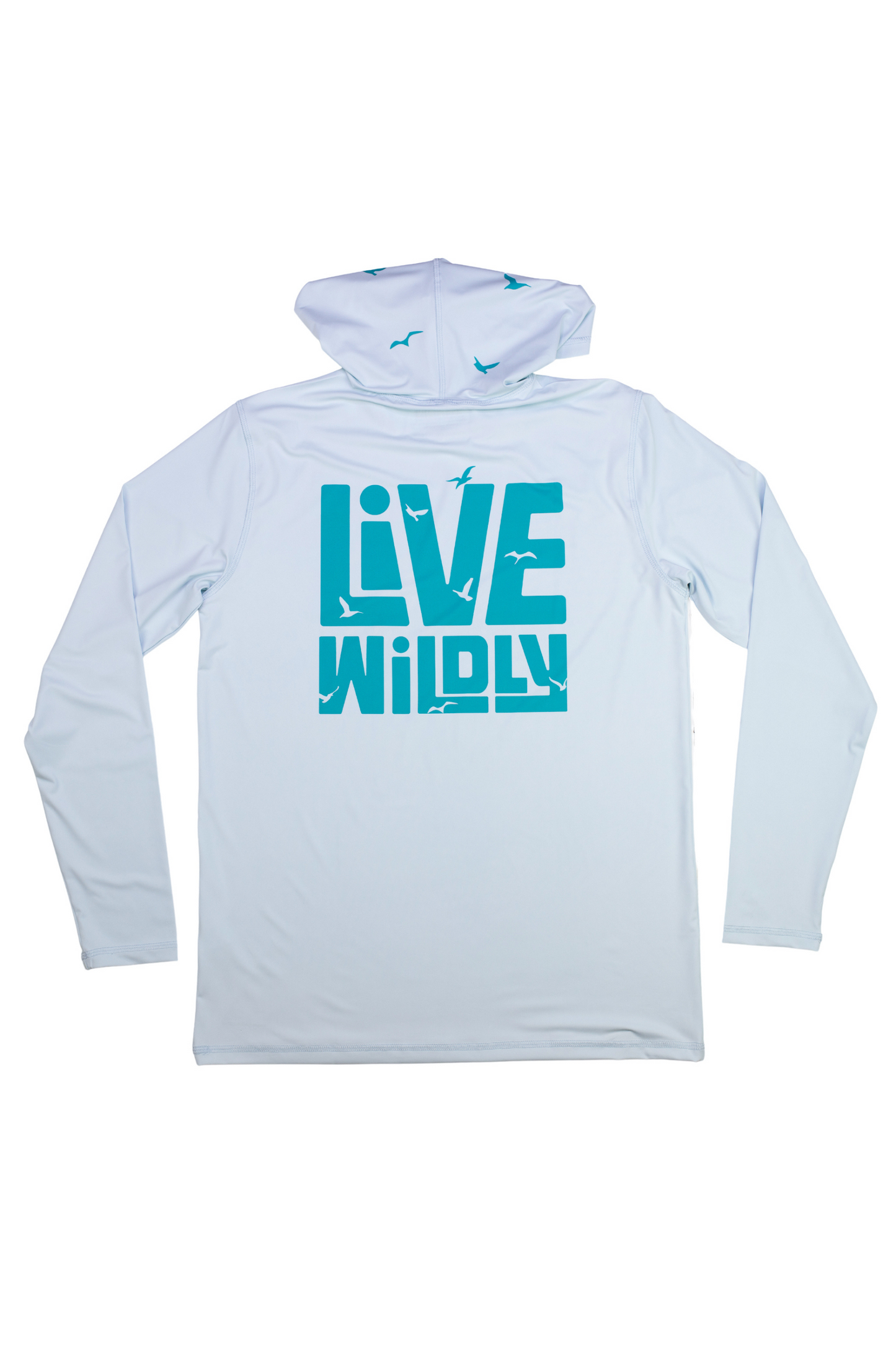 Live Wildly Unisex UPF 50+ Performance Shirt - Spring Blue - Inside Hood - Live Wildly 