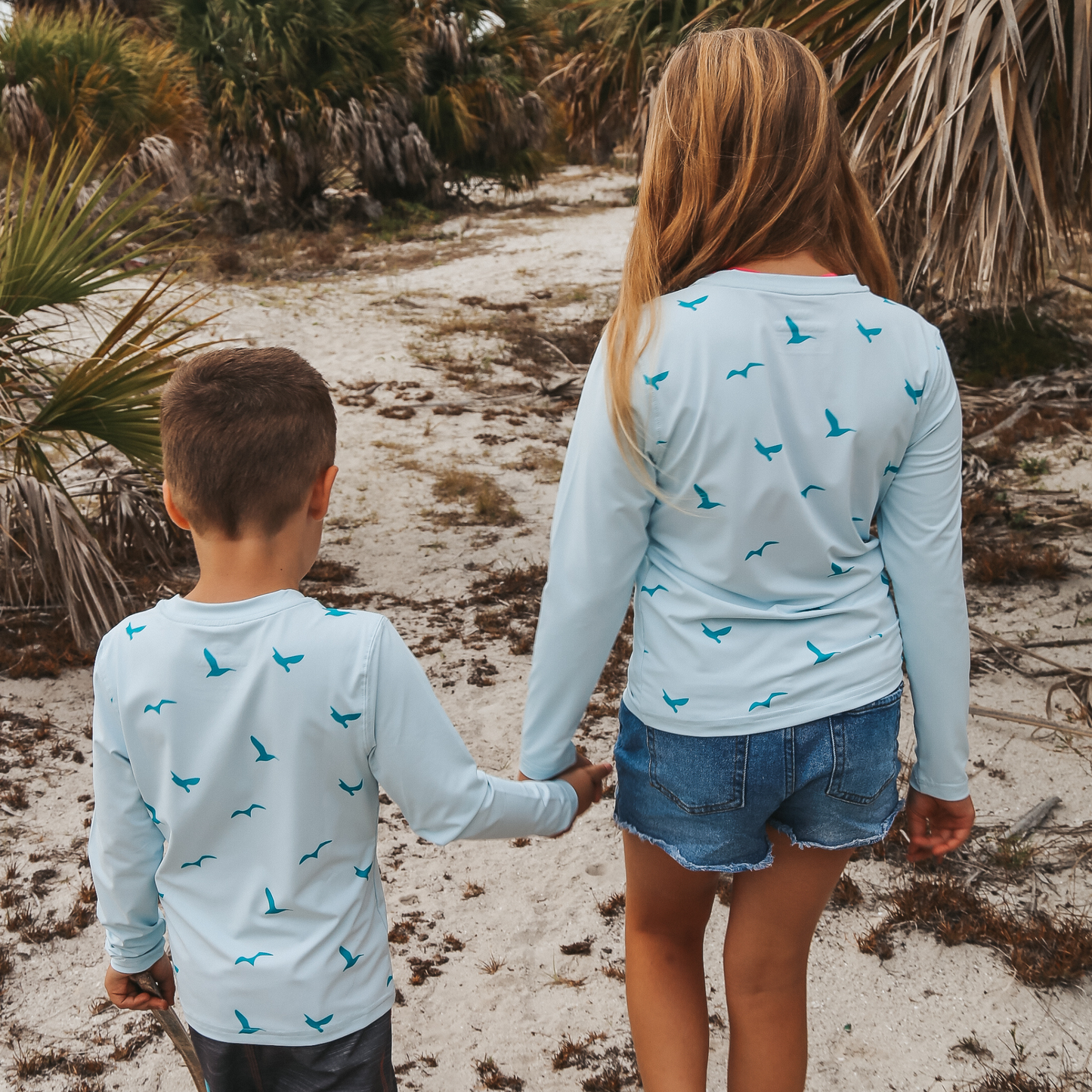 Live Wildly Toddler UPF 50+ Performance Shirt - Spring Blue - Holding Hands On Beach - Live Wildly 