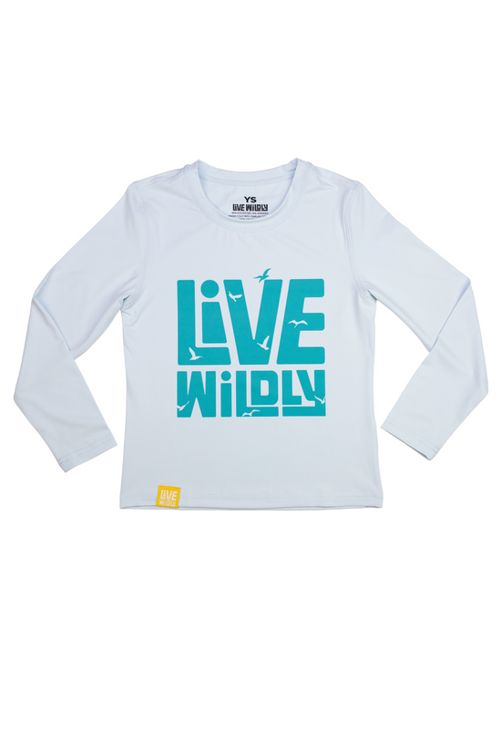 Live Wildly Youth UPF 50+ Performance Shirt - Spring Blue -  Front Isolated - Live Wildly 